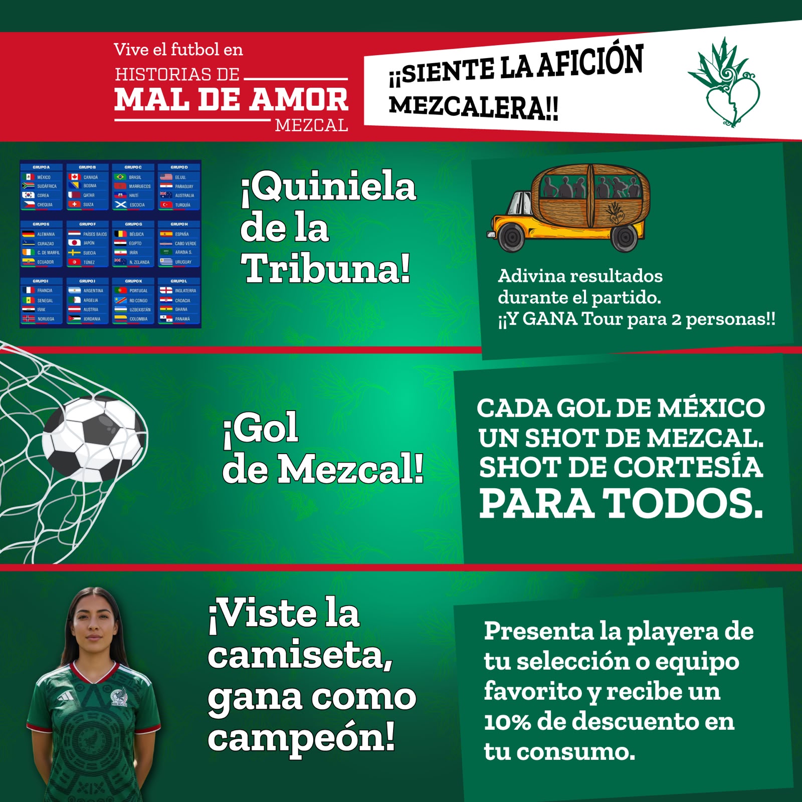 Cartel oficial de dinámicas — Quiniela, Gol de Mezcal y Camiseta